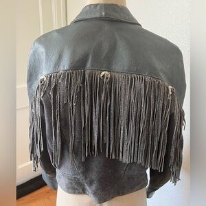 Vintage 1980s Leather Fringe Jacket Gray, Ostrich Print Leather and Suede - Sz M
